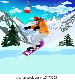 Mountain skiing.Extreme Snowboard.Vector