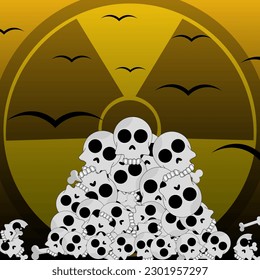 Mountain of Skulls with a Cross on the background of a symbol of Nuclear Danger. Radiation Threat. Nuclear Hazard concept. Vector illustration.