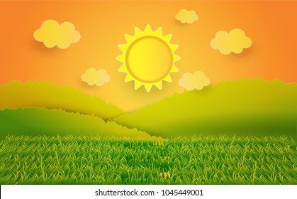 Mountain, sky, clouds, and light of the sun. The content is the glittering yellow field of the sun. In the style of cutting paper art.