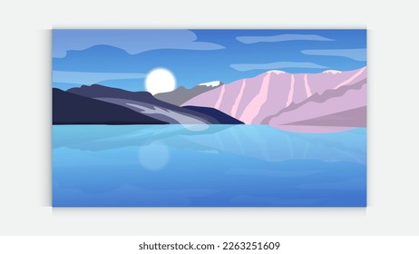 Mountain ,sky reflecting on a lake water  beautiful landscape background , vector design illustration . Landscape, Illustrated with Hills or Mountains, Lake Water, Blue Sky, Blue Background. Nature
