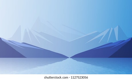 Mountain, sky and river in a quiet and cool atmosphere. Similar color scheme