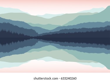 Mountain, sky and river in a quiet and cool atmosphere. Similar color scheme