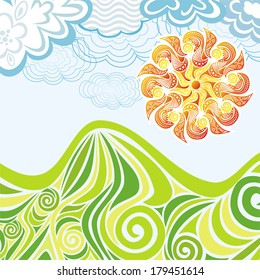 Mountain sky sun clouds landscape nature pattern background vector illustration