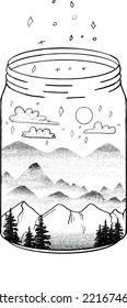 Mountain and Sky View in a Line Art Jar Illustration
