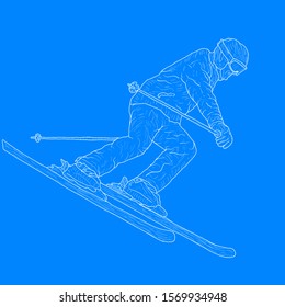 Mountain slalom skier silhouette sketch on white background