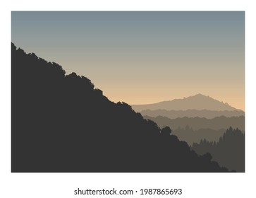 Mountain slope with hill and forest silhouette layer background.