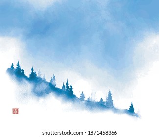 Mountain slope with pine trees in fog  and blue sky. Traditional oriental ink painting sumi-e, u-sin, go-hua. Translation of hieroglyph - joy.