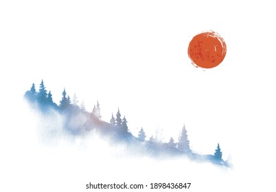 Mountain slope with pine trees in fog  and red sun. Traditional oriental ink painting sumi-e, u-sin, go-hua.