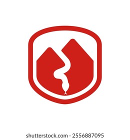 Mountain and snake adventure vector logo design combined with shield shape, simple, modern and unique
