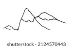 mountain snow ridge. mountain peaks drawn by hand with a black isolated line on white. Mountain peaks are a simple noodle-style drawing for a design template. landscape of three mountain peaks