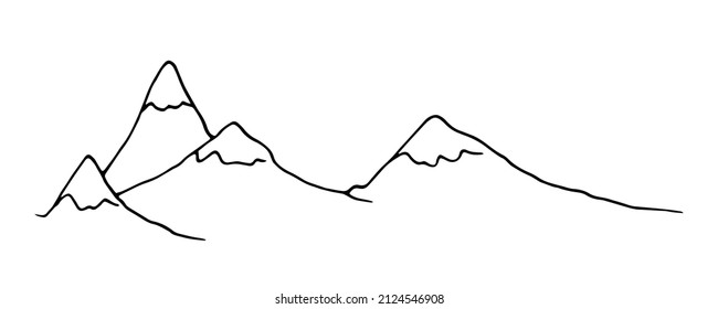 mountain snow ridge. mountain peaks drawn by hand with a black isolated line on white. Mountain peaks are a simple noodle-style drawing for a design template. landscape of four mountain peaks