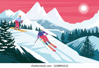 Mountain snow skier. Winter slalom. Adventures and action in Alps. Cold blue ice. Downhill landscape. Pines and scenic peaks. Ski race. Outdoor sport. Vector flat exact illustration