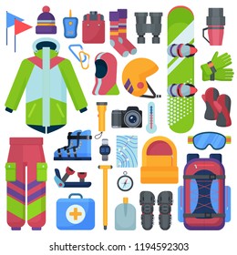 Mountain snowboarding equipment vector icons set isolated.