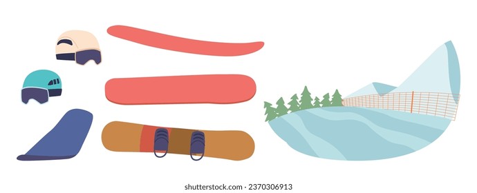 Mountain Snowboarding Items Set. Sturdy Snowboards, Well-fitted Helmets, Crucial For Precision Skiing On Alpine Courses