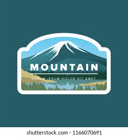 Mountain with snowy peak and river vector landscape in round. Vector illustration mountain valley, lake and green forest. Ideas for company style or logo