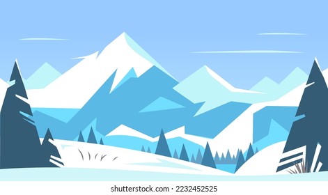 Mountain snowy peaks in the snow in winter. Wild northern nature rocky landscape cartoon vector background, mountains and snowy peaks over field of snow, frozen ice bound. Deer against mountains