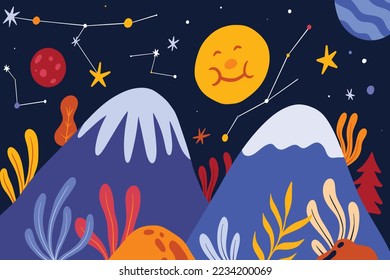 Mountain with space and constellations in the sky
