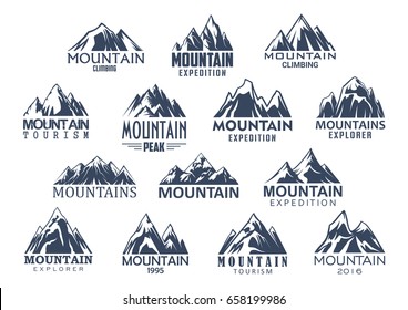 Mountain sport climbing and hiking tourism icons set. Vector isolated symbols of Alpine rocks and mount snow peaks for climber or explorer expedition adventure or camping trip and mountaineering