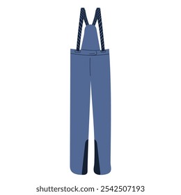 Pantalones deportivos de montaña con tirantes en color azul aislados sobre fondo blanco. Ilustración vectorial dibujada a mano en estilo plano sobre fondo blanco. Traje de la ropa del deporte del invierno para el esquí