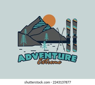 mountain sports print design, ski board illustration with typography design, winter sports vector