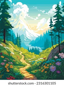 paisaje de primavera montañosa, camino de montaña floreciente, ilustración vectorial