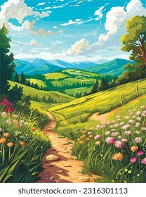 mountain spring landscape, blooming mountain path, vector illustration