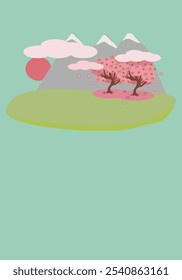 Mountain spring landscape blooming sakura near water, river - background, color vertical vector illustration for design wallpapers, banners with place for text