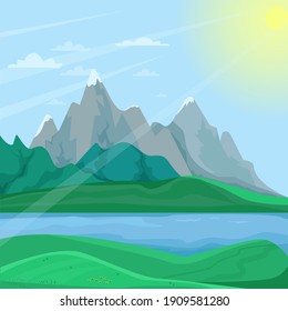 
Mountain spring landscape, mountains with snow-capped peaks, river between the banks, beautiful spring day in the mountains, vector illustration in flat style.