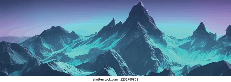 Mountain spring landscape, mountains with snowy peaks lilac flower bushes, Cartoon flat springlnature, green grassland meadow with flowers, forests, beautiful spring day mountains, vector illustration Arkivvektor