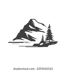 Mountain spruce tree landscape camping summer nature monochrome vintage icon design vector illustration. Cliff rock pine woodland alpine natural scenery hiking climbing journey adventure logo