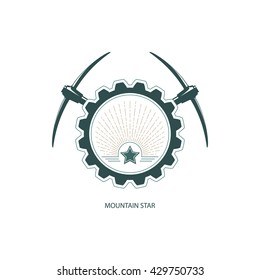 Mountain Star, Emblem of the Mining Industry, Star and Sunburst in Gear with Pickaxe , Design Element, Label and Badge Mine Shaft,  Vector Illustration