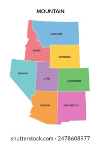 Estados de montaña, mapa político multicolor. División del Censo de los Estados Unidos de la región occidental, compuesta por los estados de Arizona, Colorado, Idaho, Montana, Nevada, México Nuevo, Utah y Wyoming.