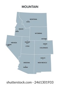 mountain, states, mountain states, west, division, united states, region, map, subdivision, census, state, western, USA, US, arizona, colorado, idaho, montana, nevada, new mexico, utah, wyoming, ameri