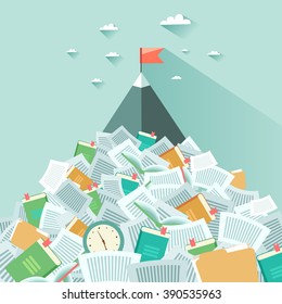 A mountain sticking out from a pile of book and papers. Concept of succeeding through hard working and learning. Vector colorful illustration in flat style