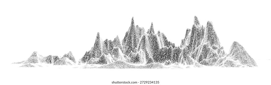 Paisaje de textura punteada de montaña. Colina Abstractas, volcán, efecto de grano de semitono. Graduación punteada del pico de montaña estilo punteado. Ilustración vintage gráfica de Vector
