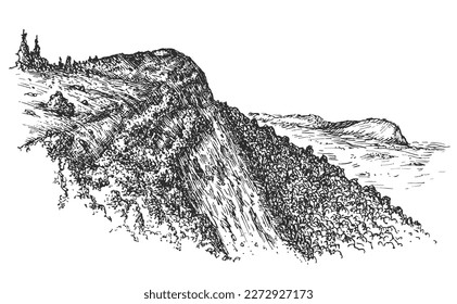 Paisaje de piedra de montaña con bosque de árboles en forma de boceto dibujado a mano. Composición de la naturaleza monocromática de época aislada sobre fondo blanco. Ilustración retrospectiva de escala de grises vectorial.