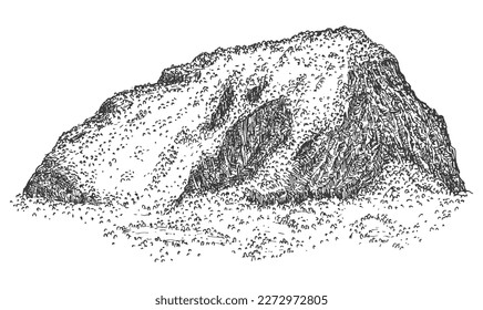 Mountain stone landscape with tree forest in hand drawn sketch style. Vintage monochrome nature composition isolated on white background. Vector grayscale retro illustration.