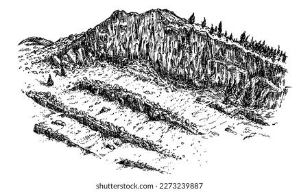 Paisaje de piedra de montaña con árboles en forma de boceto dibujado a mano. Composición de la naturaleza monocromática de época aislada sobre fondo blanco. Ilustración retrospectiva de escala de grises vectorial.