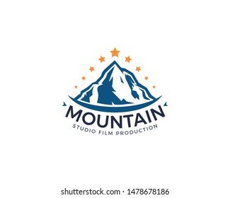 Mountain studio logo design. Mountain illustration, outdoor adventure. Vector mountain and outdoor adventure logo. Mountain, rock and peak. Vector illustration design element
