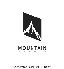 mountain studio logo with parallelogram shape. flat design icon vector