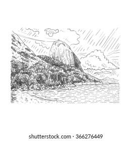 The mountain Sugar Loaf and Guanabara bay in Rio de Janeiro, Brazil. Vector freehand pencil sketch.