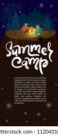 Mountain summer camp. Man and woman sitting by the fire at night and singing songs, playing guitar. Vector illustration for flyer