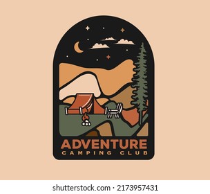 Mountain summer camping badge or label or logo design template in earth color tones with tourist tent in mountain scene. Vector illustration