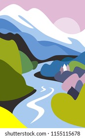 Mountain summer landscape from the foot, slopes, glaciers and snow cap. Forests and trees, river. Banner for tourism, ecology, preservation of the environment. Vector illustration.