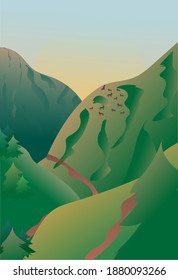 Mountain summer landscape , with paths to travel , with land for pasture for cattle on the hillside and a resting shepherd .