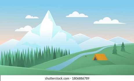 Mountain summer landscape vector illustration. Cartoon flat peaceful mountainous nature scenery with tourist tent camping on green meadow hill, pine forest and river, natural summertime background