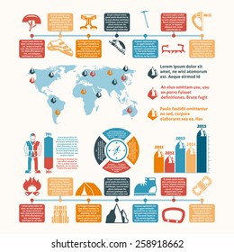 Mountain summit ascent records world map and climbing equipment development infographic chart layout presentation abstract vector illustration