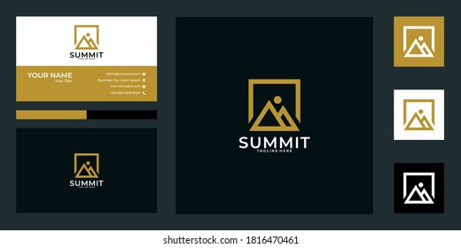 mountain summit line art logo design and business card. good use for application or website logo