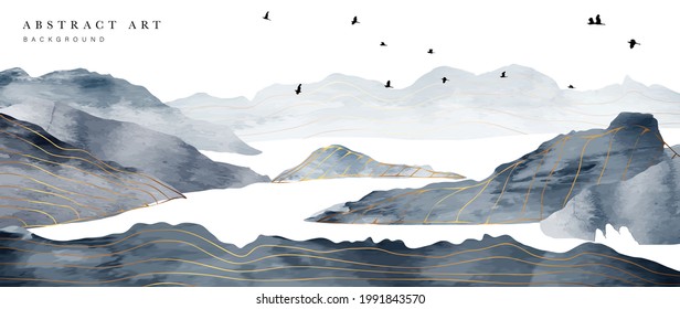 Mountain and sun Abstract art background vector. Luxury oriental style watercolor background with line art and brush texture. Wallpaper design for prints, cover, banner, wall art and home decoration. - Shutterstock ID 1991843570