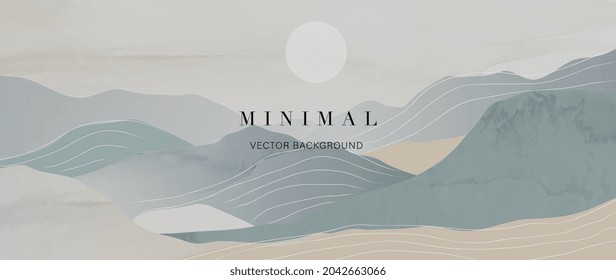 Mountain and sun Abstract art background vector. Luxury oriental style watercolor background with line art and brush texture. Wallpaper design for prints, cover, banner, wall art and home decoration.